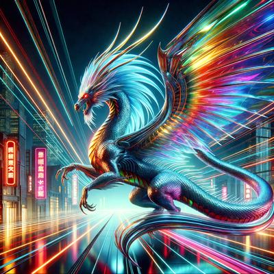 The primary subject of the image is a dragon, which is a large, colorful, and intricately designed creature. The dragon is standing on a street, surrounded by a cityscape. The setting includes buildings, lights, and a road. The visual style of the image is digital art, as it appears to be a computer-generated or digitally rendered image. The colors and mood of the image are vibrant and lively, with the dragon's colors and the city's lights creating a dynamic